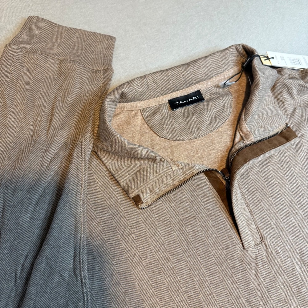 Tahari Mens‎ XXL Quarter Zip Pullover Sweater Brown Heather Herringbone NWT